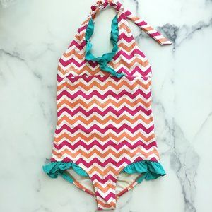 Garnet Hill Kids One-Piece Ruffle Trimmed Chevron Swimsuit, Mango/Berry, Size 6